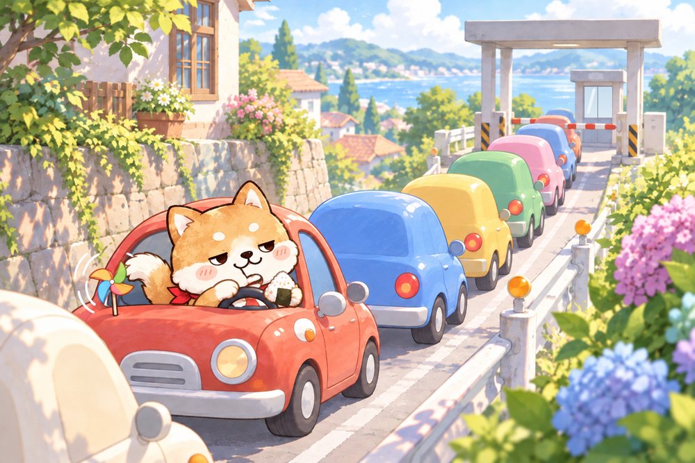 混み合うゲートの渋滞で退屈そうにおにぎりを食べる柴犬のナビ助