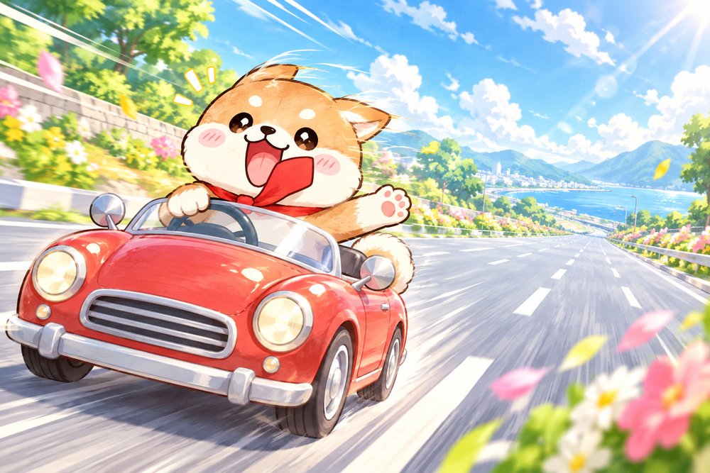 広い道路をすいすい走って大はしゃぎする柴犬のナビ助
