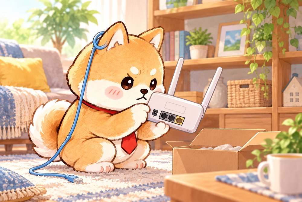 ルーターの裏側をのぞきこむ柴犬のナビ助