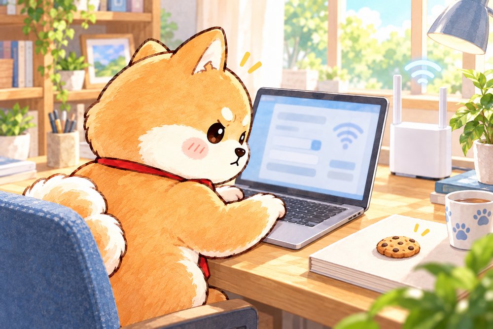 ノートパソコンでルーターの設定をする柴犬のナビ助