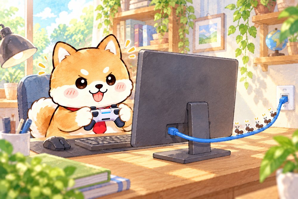 LANケーブルでつないだパソコンでゲームに夢中の柴犬
