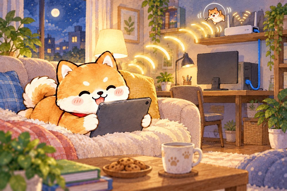 ソファでタブレットを楽しみ奥では有線のパソコンも使う柴犬