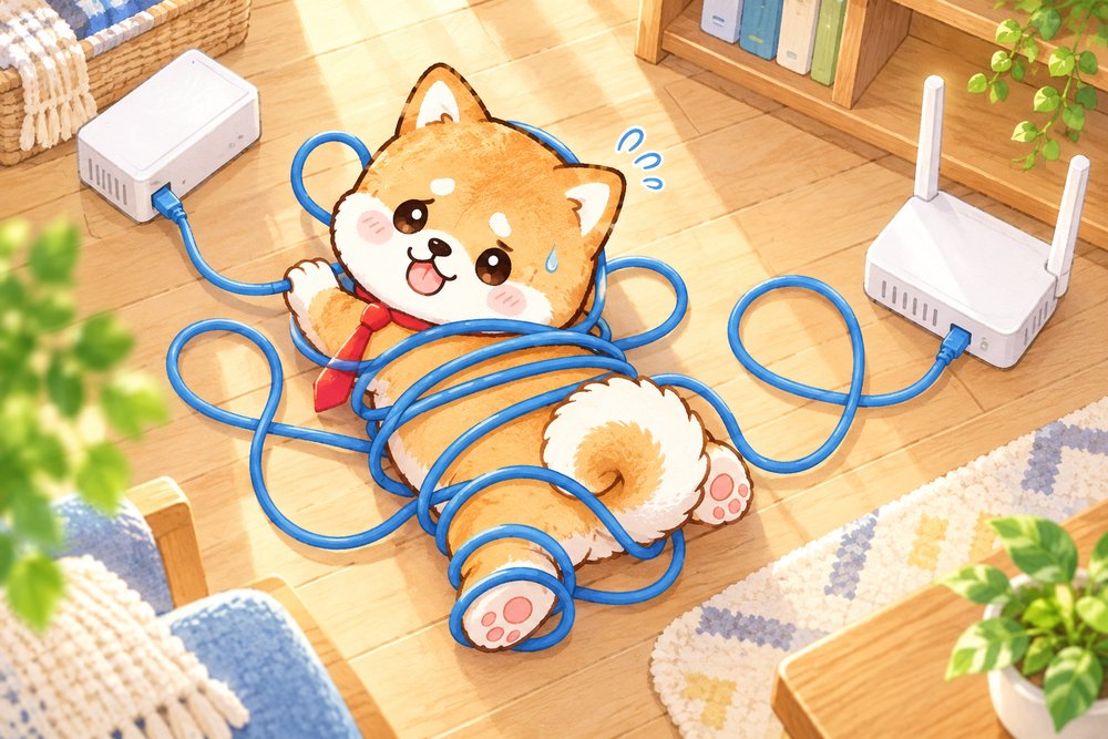 長すぎるLANケーブルにぐるぐる巻きになったナビ助
