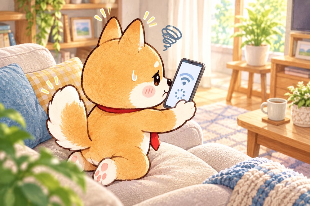 ソファでWi-Fiがつながらず困る柴犬のナビ助