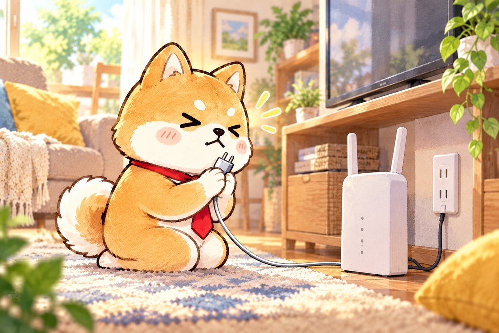 ルーターのプラグを抜いてお祈りする柴犬のナビ助