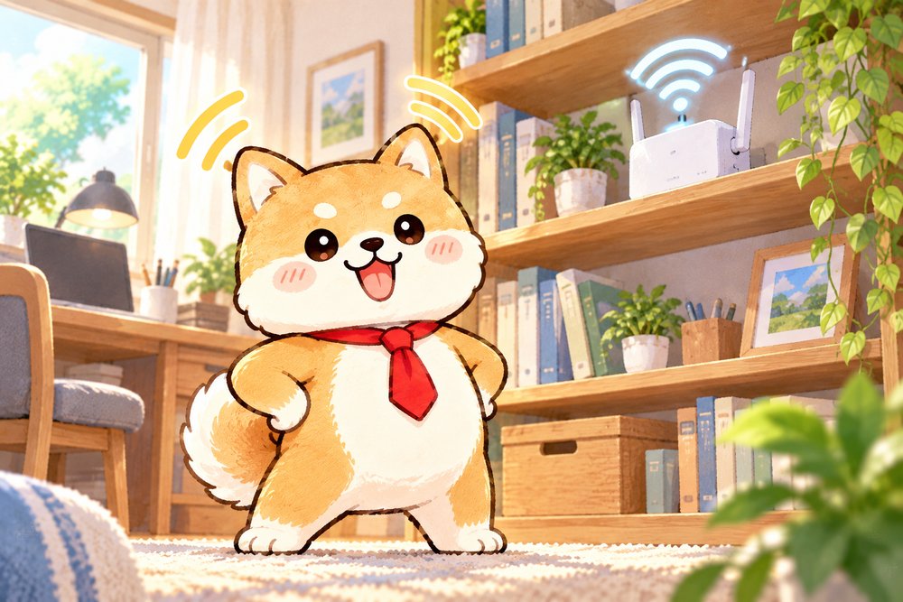 ルーターを高い棚に移して得意げな柴犬のナビ助
