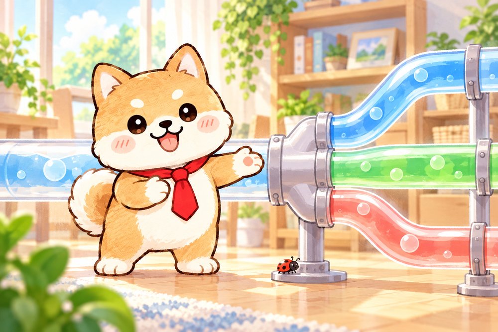 太いパイプが3本に分かれる仕組みを説明する柴犬のナビ助